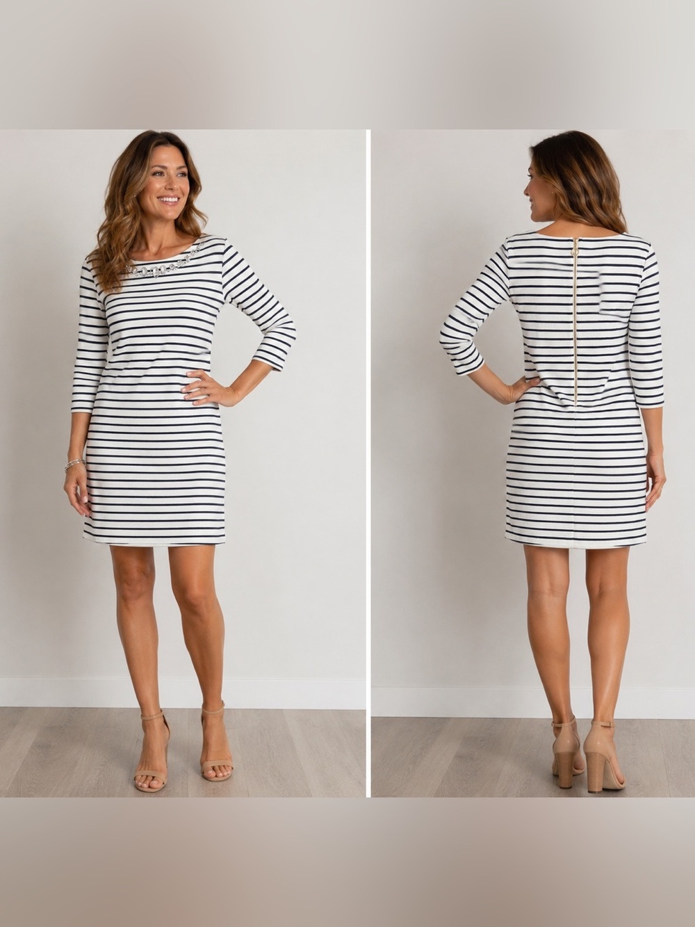 Nautical Stripe Jeweled Neck Dress White Navy Gold Zip Fit & Flare M